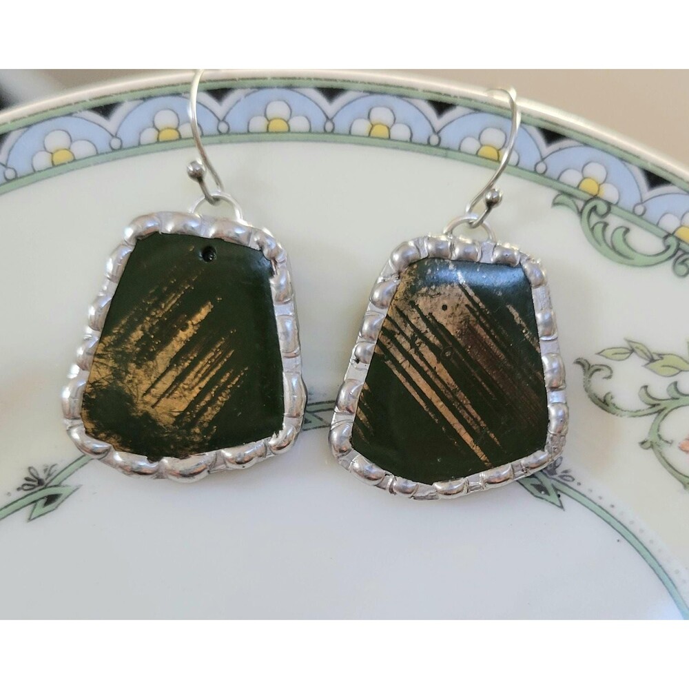 MCM Dark Green & Gold Mosaic Tile Soldered Earrings